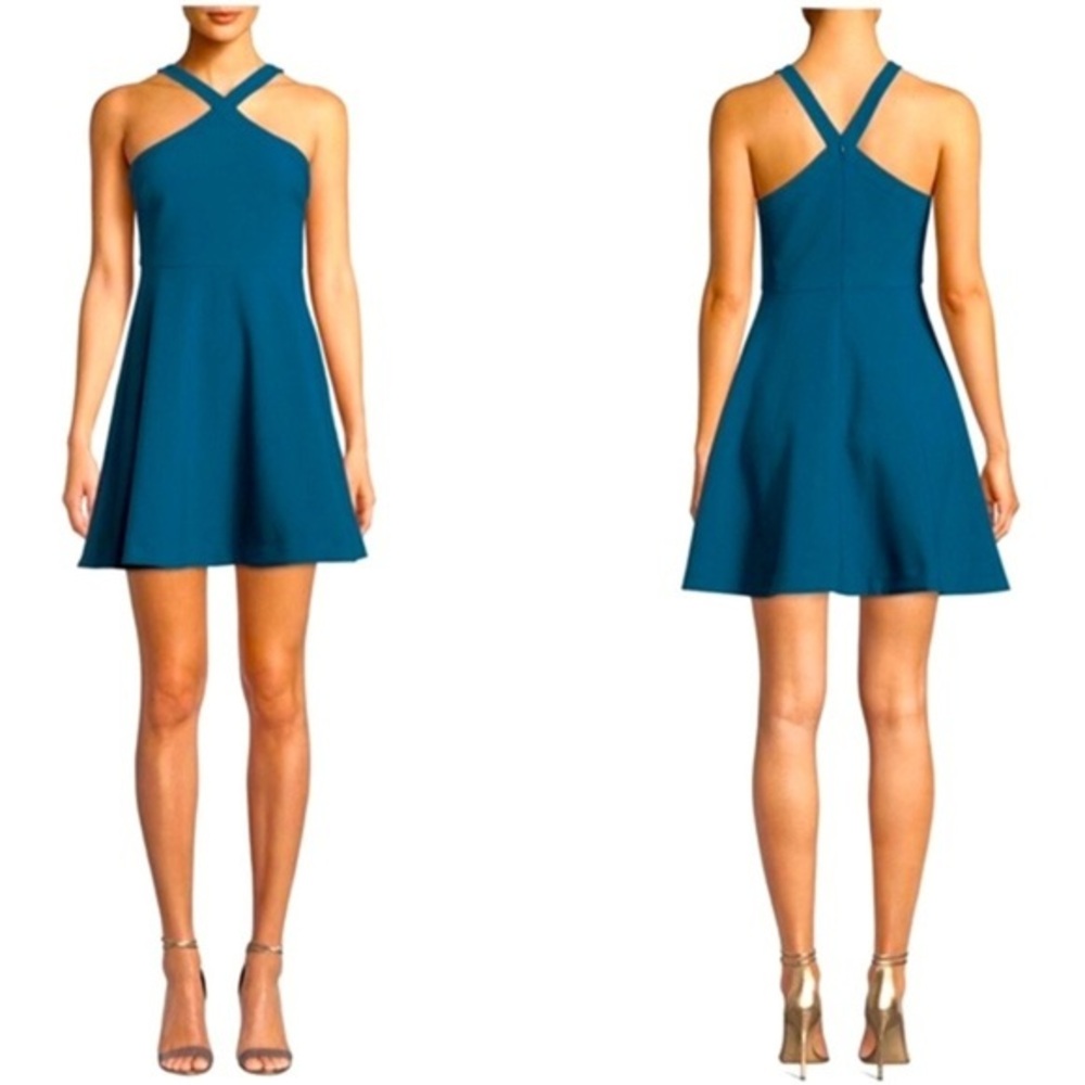 Likely Dress Halter Fit Flare Mini Turquoise Sleeveless Circle Teal Turquoise
